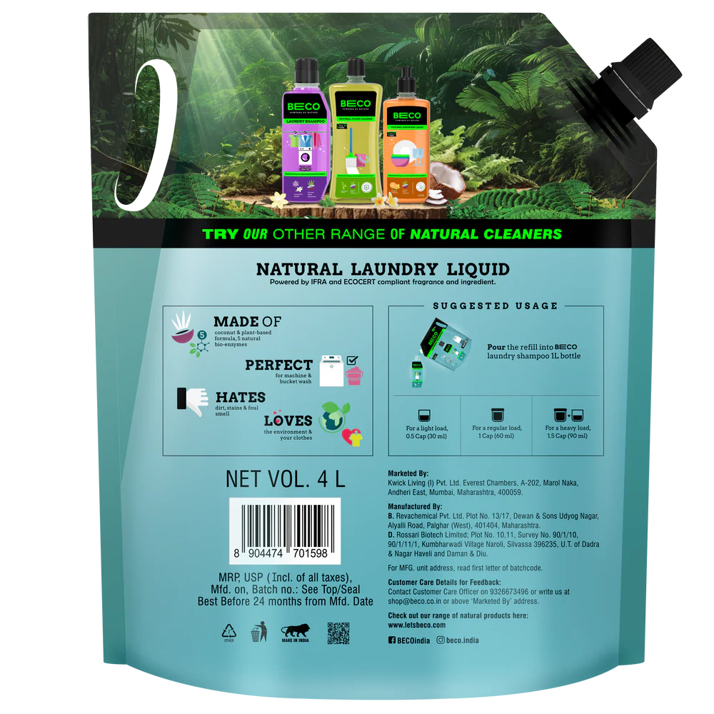 Natural Laundry Cleaner Liquid Shampoo Top Load 4 L Refill